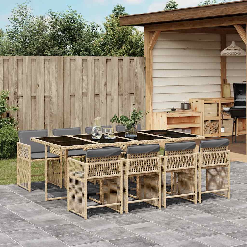 9 Piece Garden Dining Set with Cushions Mix Beige Poly Rattan
