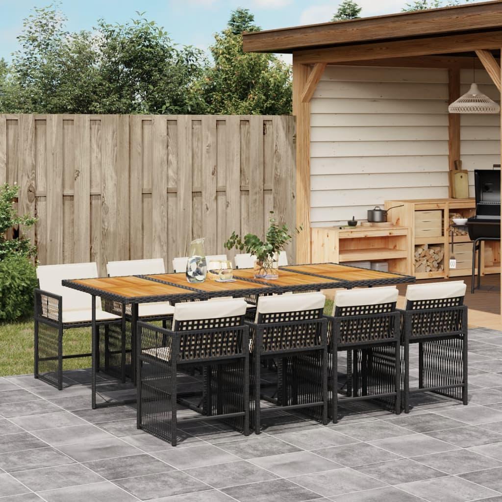 9 Piece Garden Dining Set with Cushions Black Poly Rattan