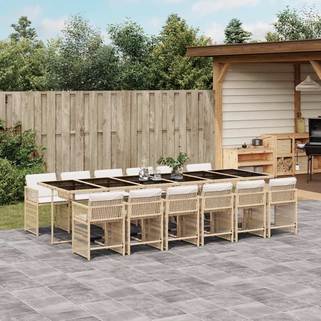 13 Piece Garden Dining Set with Cushions Beige Poly Rattan