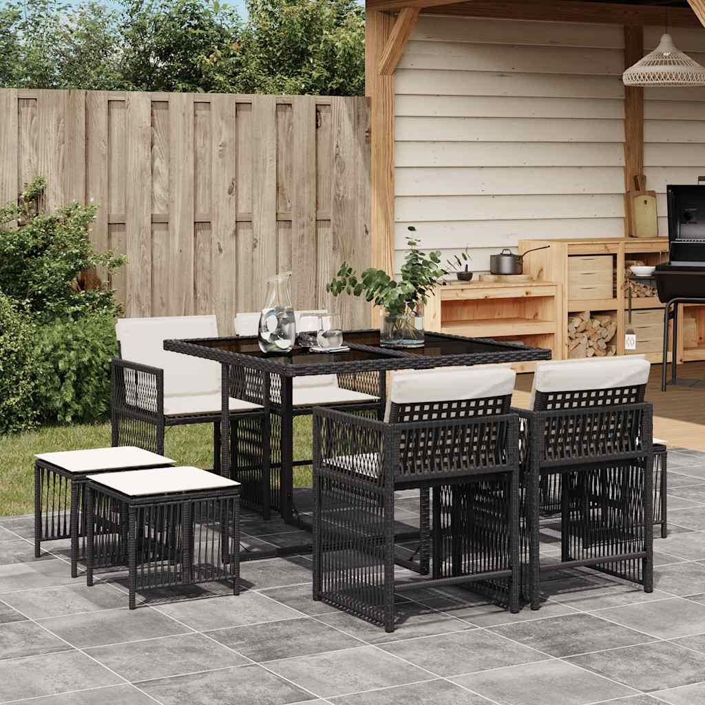 9 Piece Garden Dining Set with Cushions Black Poly Rattan