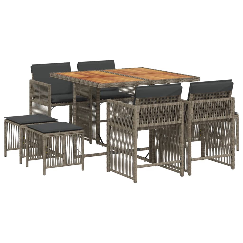 9 Piece Garden Dining Set with Cushions Grey Poly Rattan