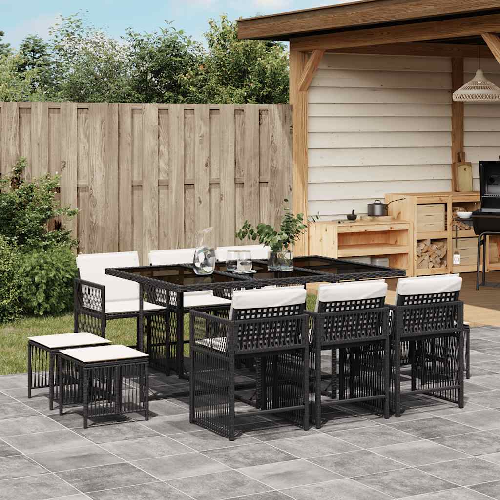 11 Piece Garden Dining Set with Cushions Black Poly Rattan