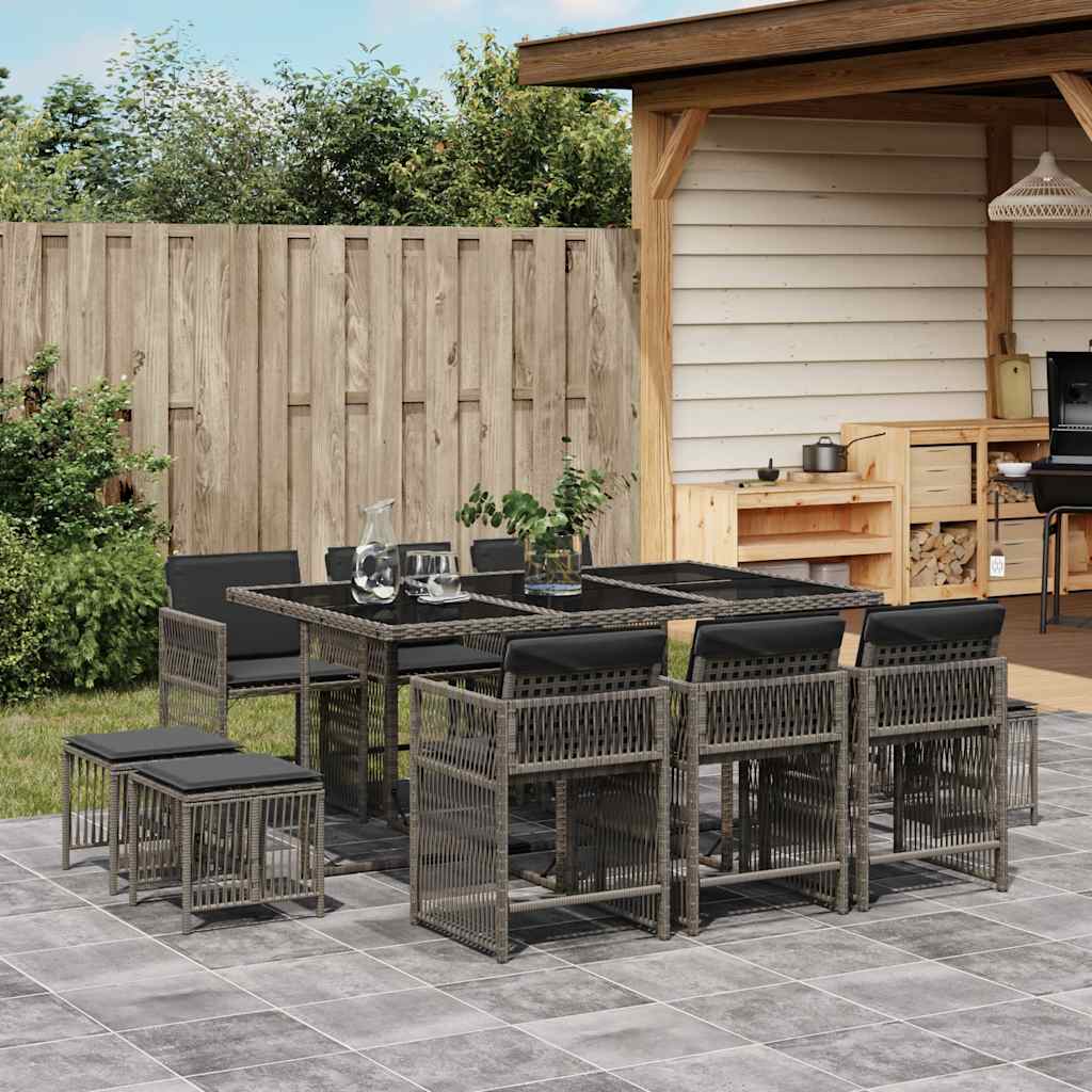 11 Piece Garden Dining Set with Cushions Grey Poly Rattan