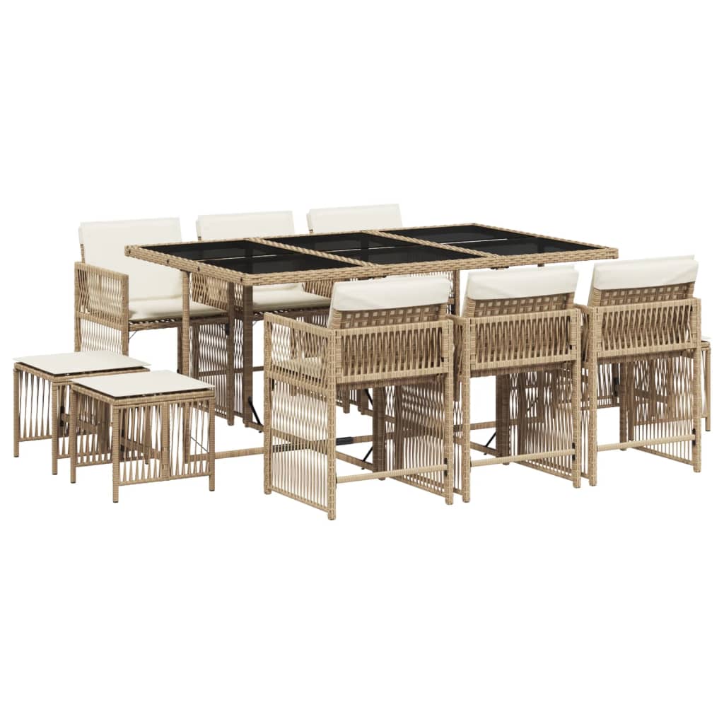 11 Piece Garden Dining Set with Cushions Beige Poly Rattan