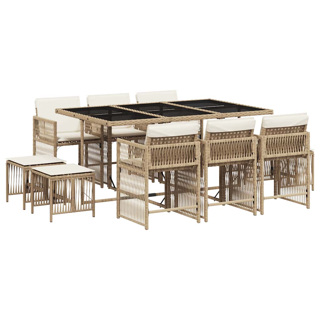 11 Piece Garden Dining Set with Cushions Beige Poly Rattan