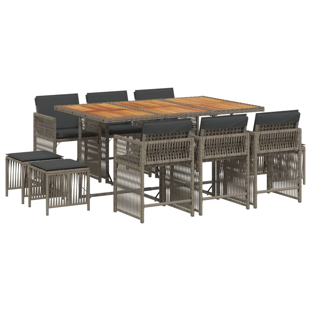 11 Piece Garden Dining Set with Cushions Grey Poly Rattan