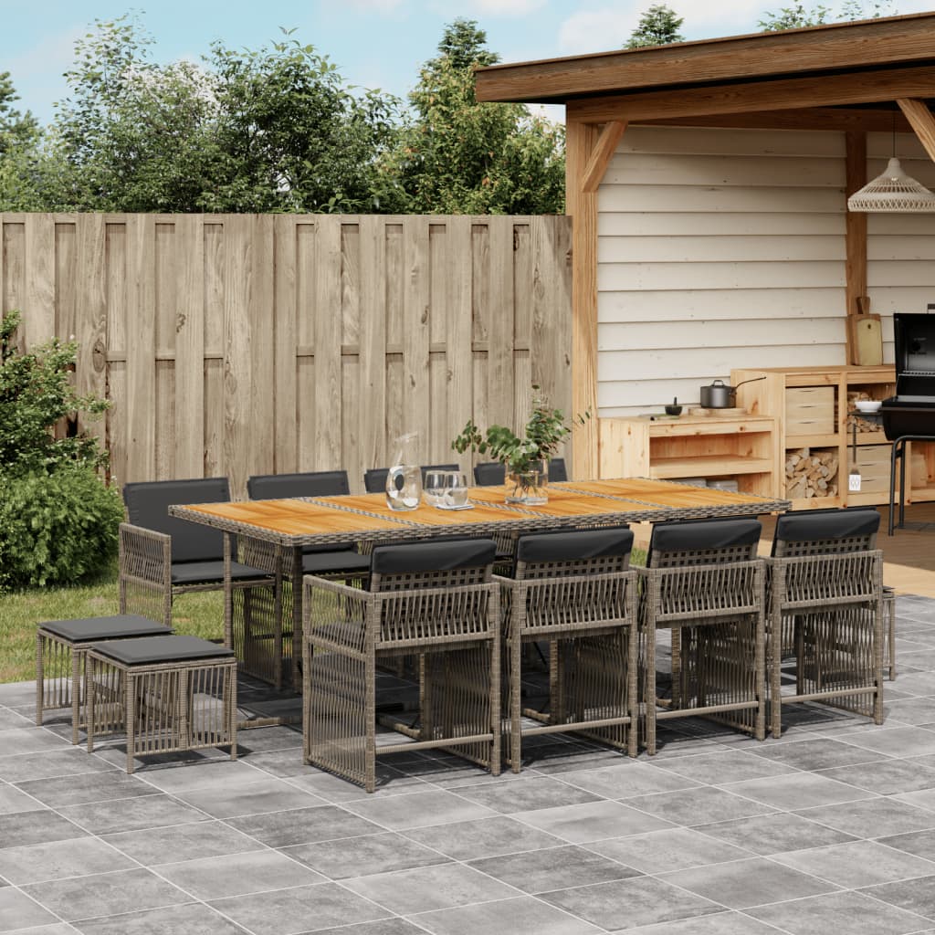 13 Piece Garden Dining Set with Cushions Grey Poly Rattan