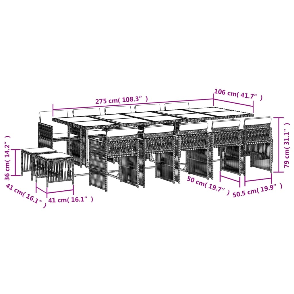 15 Piece Garden Dining Set with Cushions Grey Poly Rattan