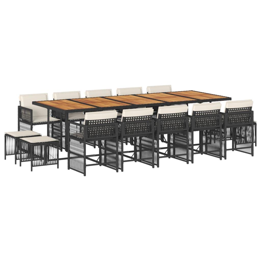 15 Piece Garden Dining Set with Cushions Black Poly Rattan