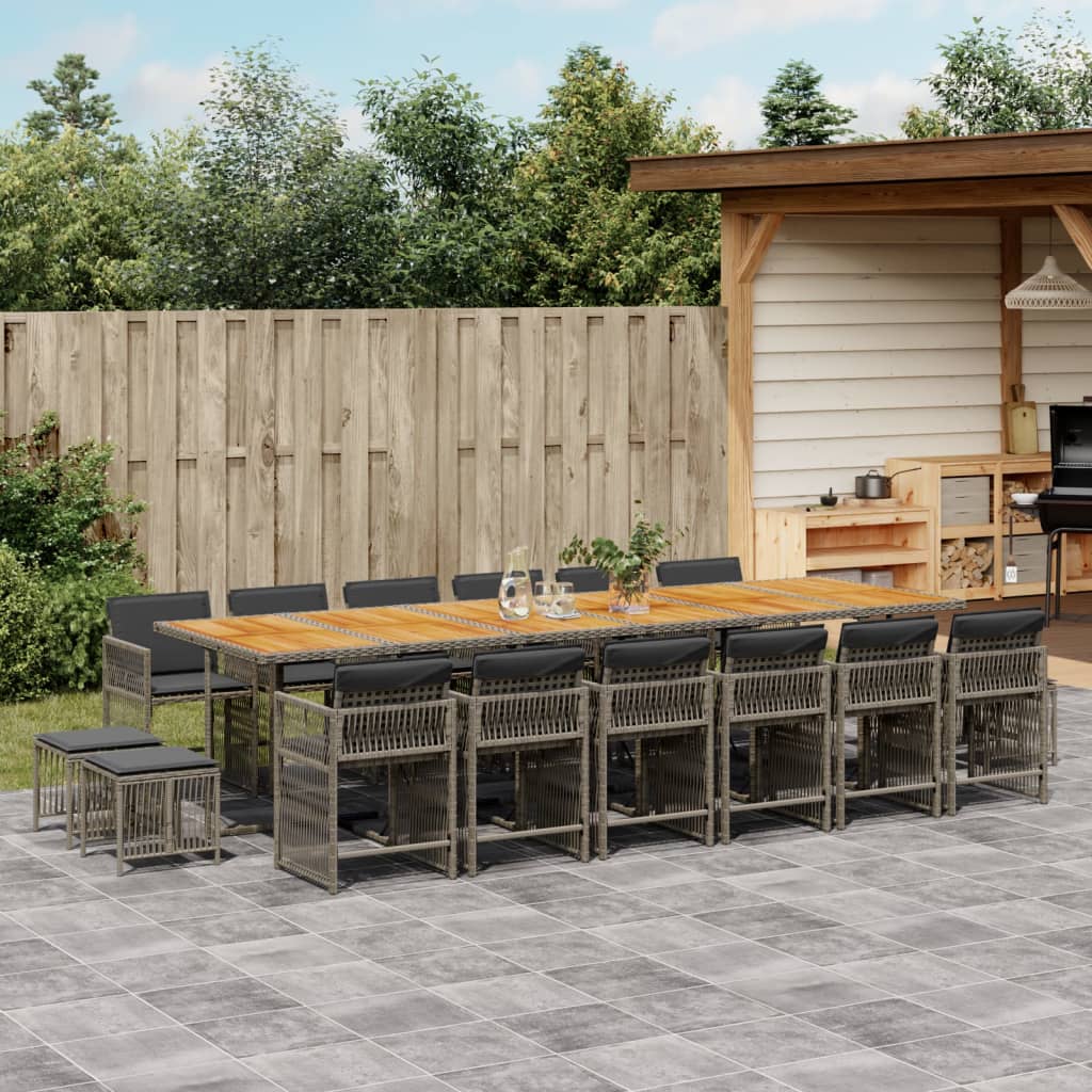 17 Piece Garden Dining Set with Cushions Grey Poly Rattan