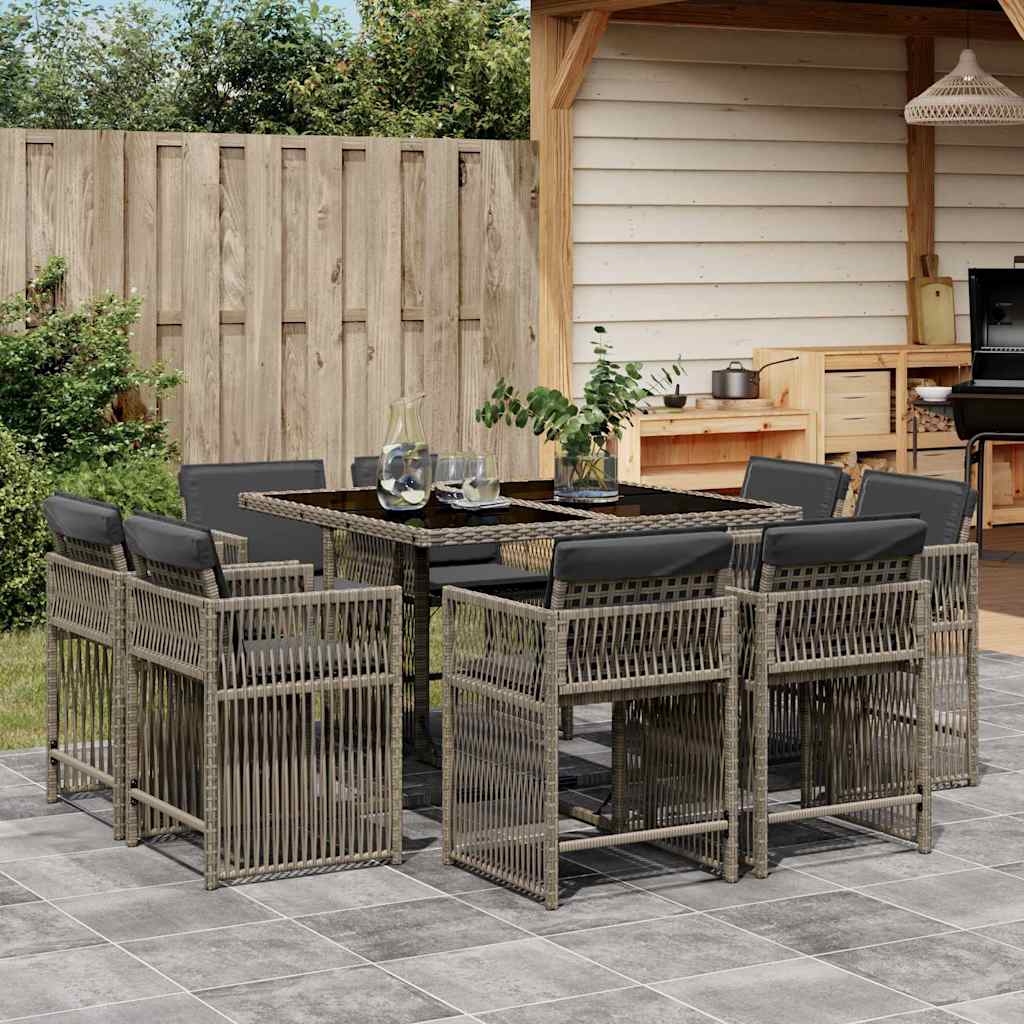9 Piece Garden Dining Set with Cushions Grey Poly Rattan