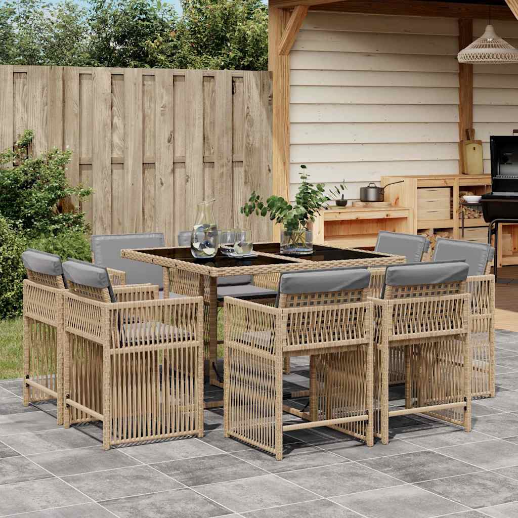 9 Piece Garden Dining Set with Cushions Mix Beige Poly Rattan