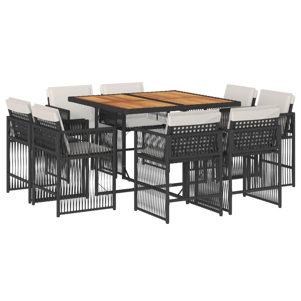 9 Piece Garden Dining Set with Cushions Black Poly Rattan