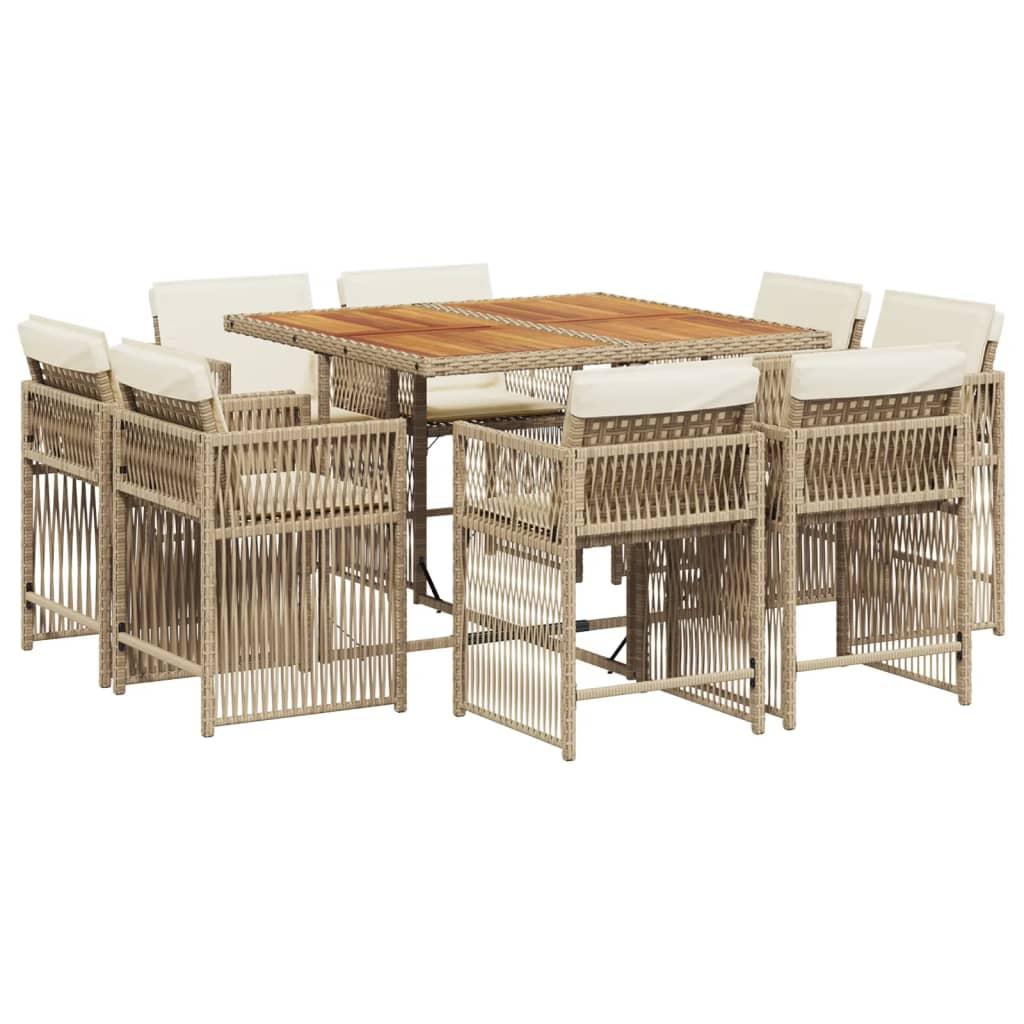 9 Piece Garden Dining Set with Cushions Beige Poly Rattan