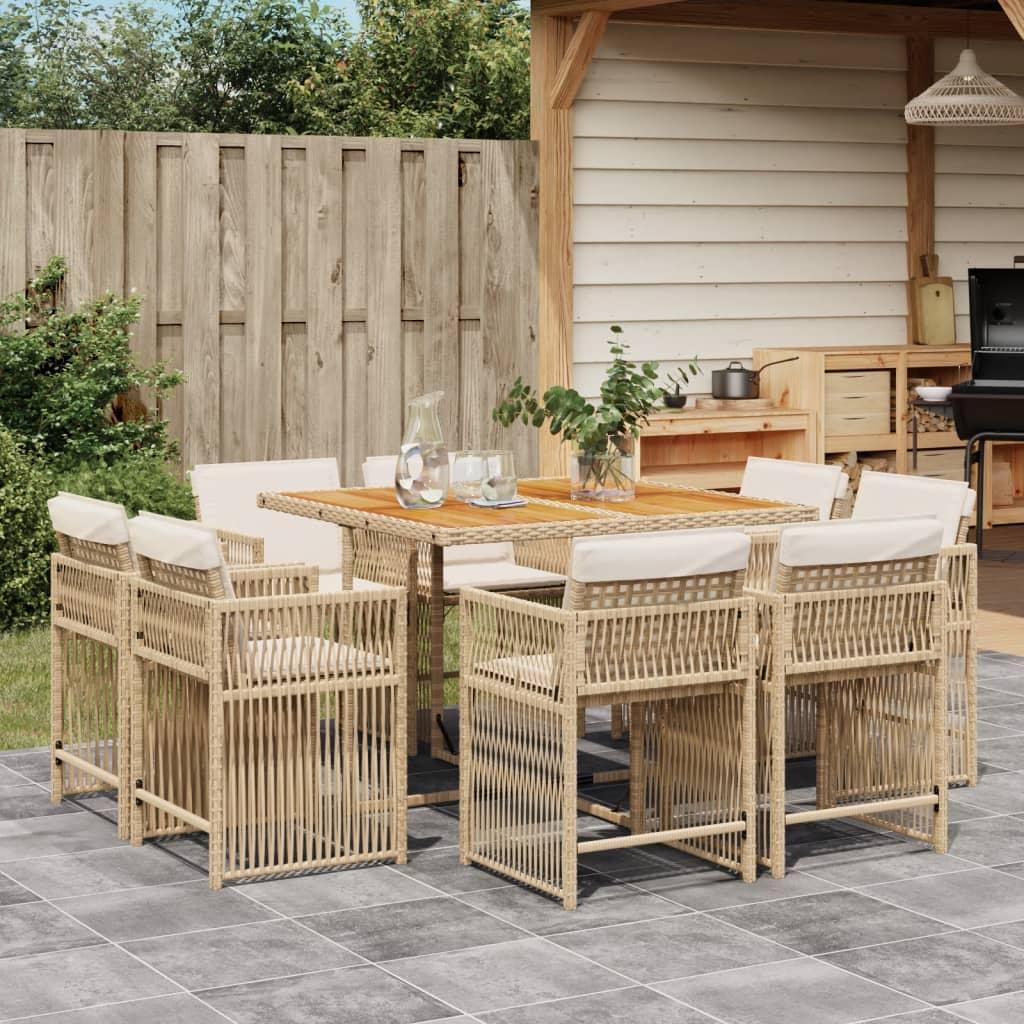 9 Piece Garden Dining Set with Cushions Beige Poly Rattan