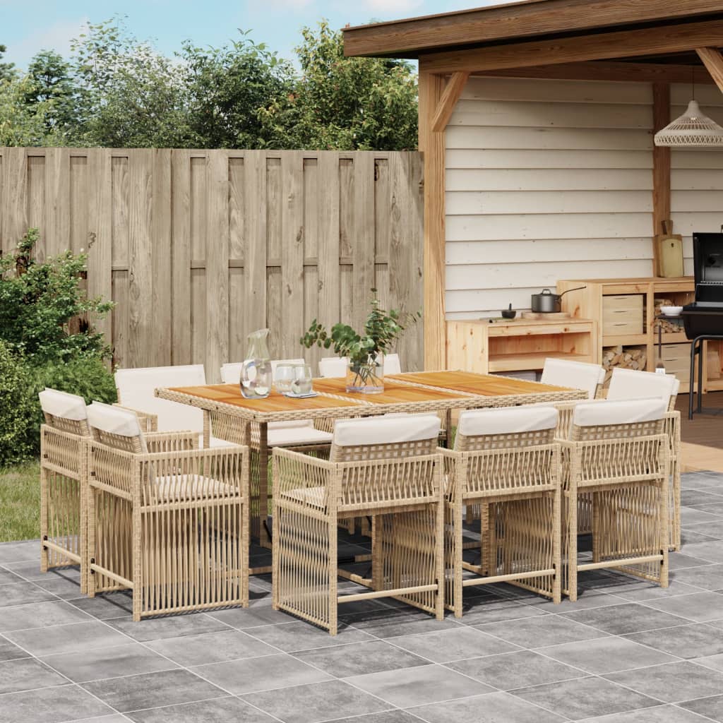 11 Piece Garden Dining Set with Cushions Beige Poly Rattan