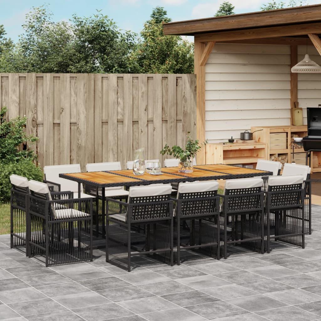 13 Piece Garden Dining Set with Cushions Black Poly Rattan