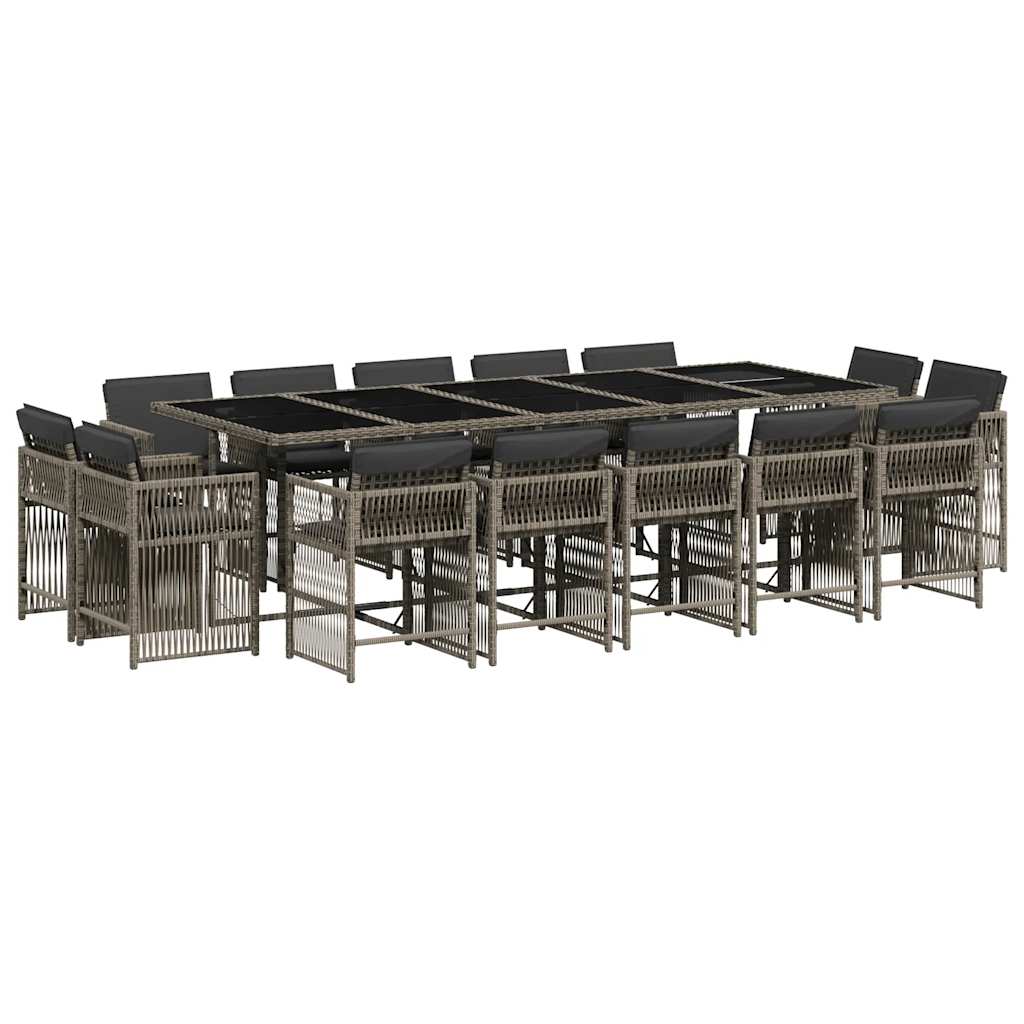 15 Piece Garden Dining Set with Cushions Grey Poly Rattan