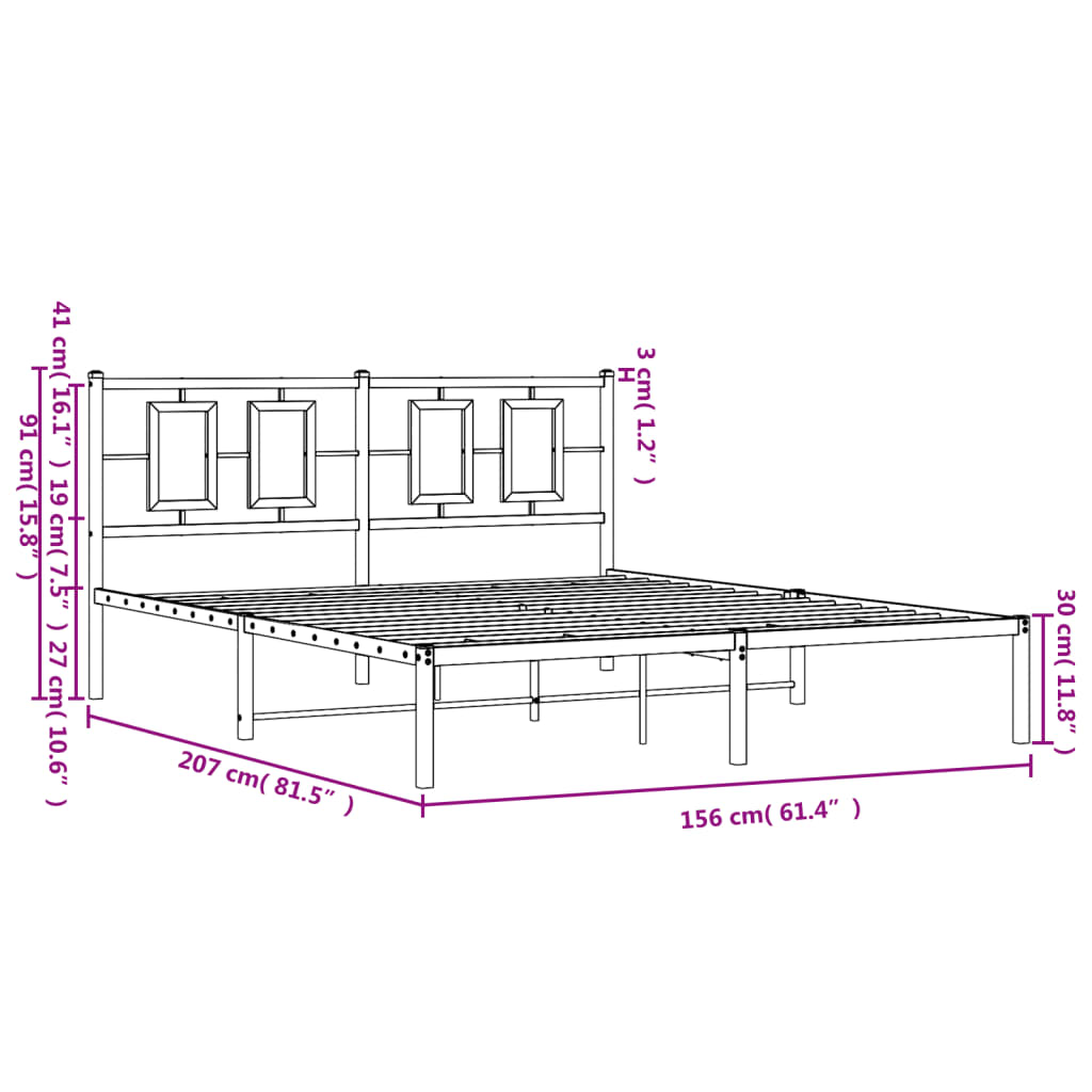 Metal Bed Frame without Mattress with Headboard Black 150x200 cm