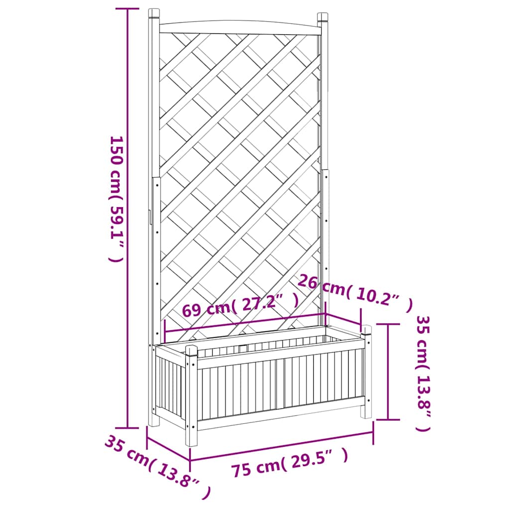 Planter with Trellis Black 75 x 35 x 150 cm Solid Wood Fir