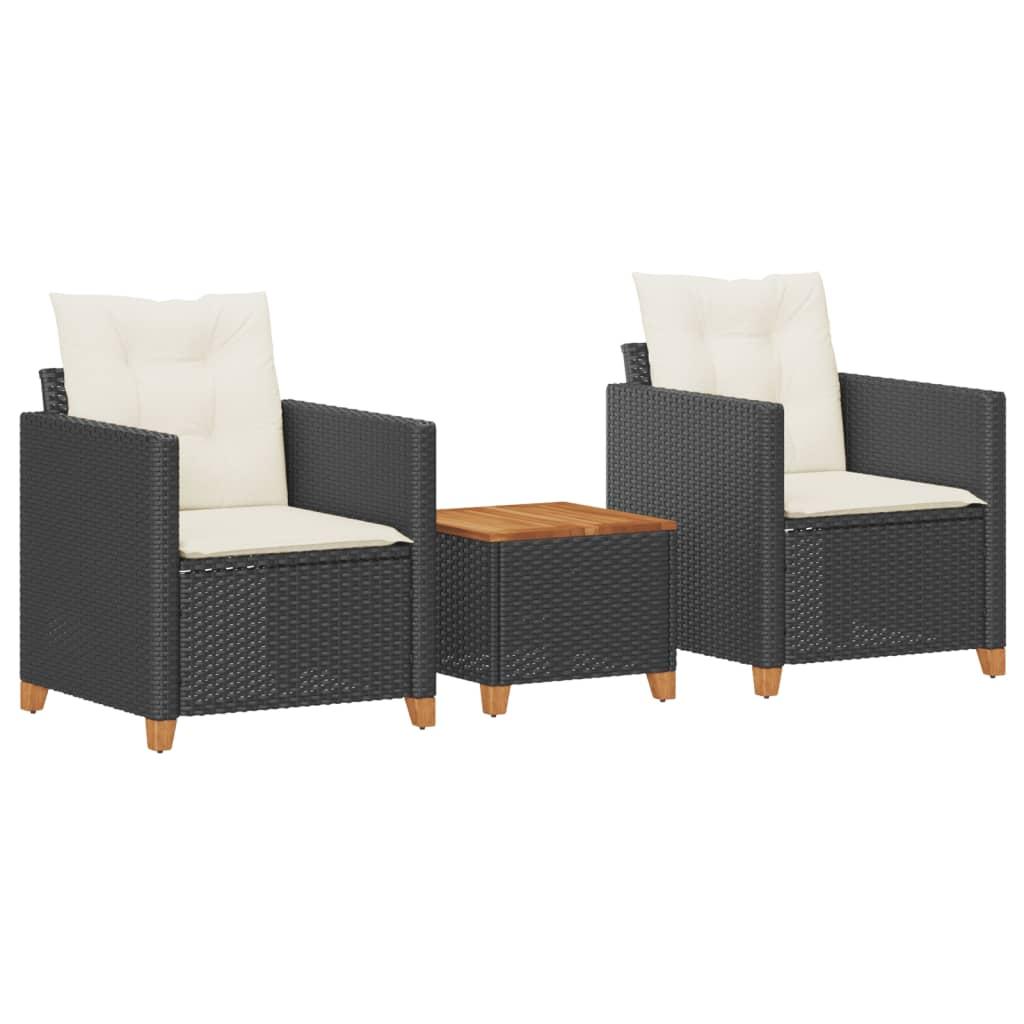 3 Piece Bistro Set with Cushions Black Poly Rattan Acacia Wood