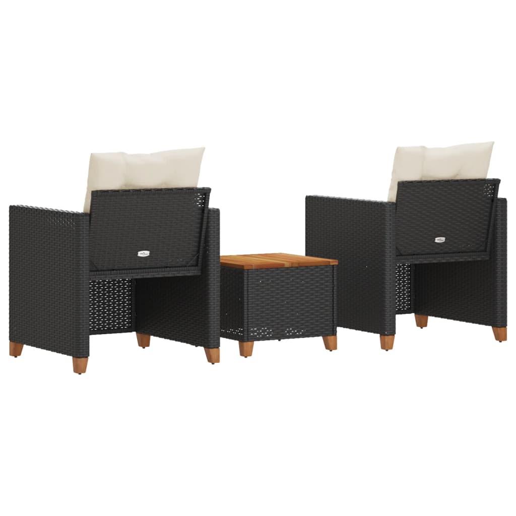3 Piece Bistro Set with Cushions Black Poly Rattan Acacia Wood