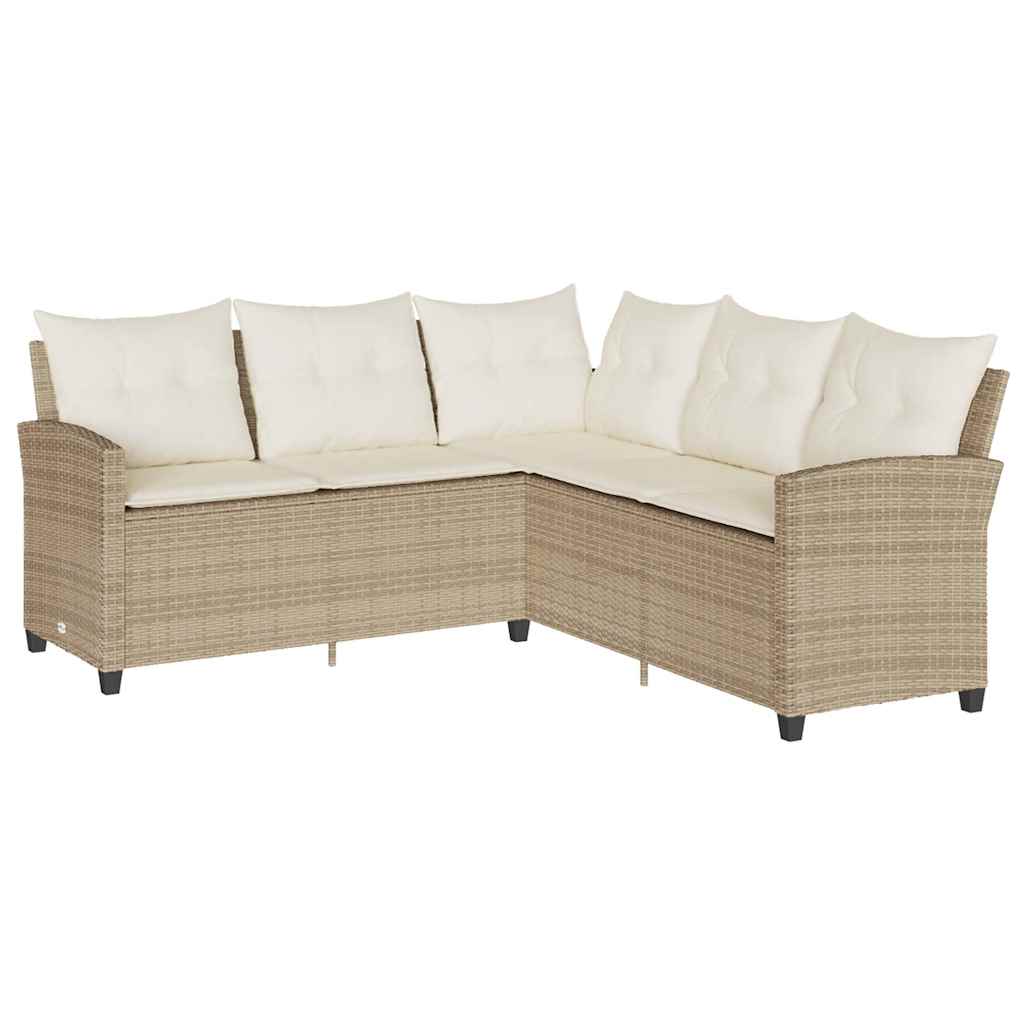 L-shaped Couch Sofa with Cushions Beige Poly Rattan