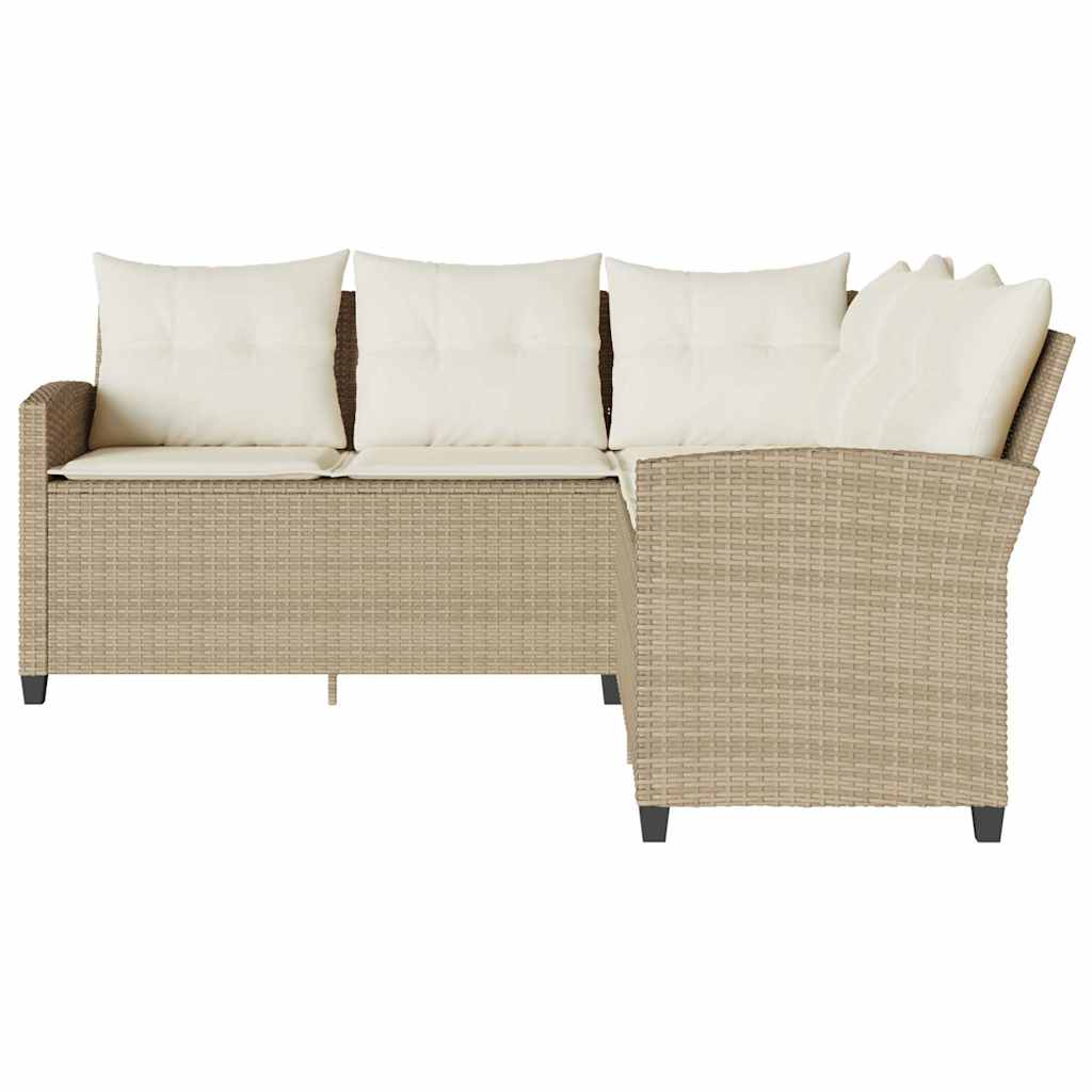 L-shaped Couch Sofa with Cushions Beige Poly Rattan