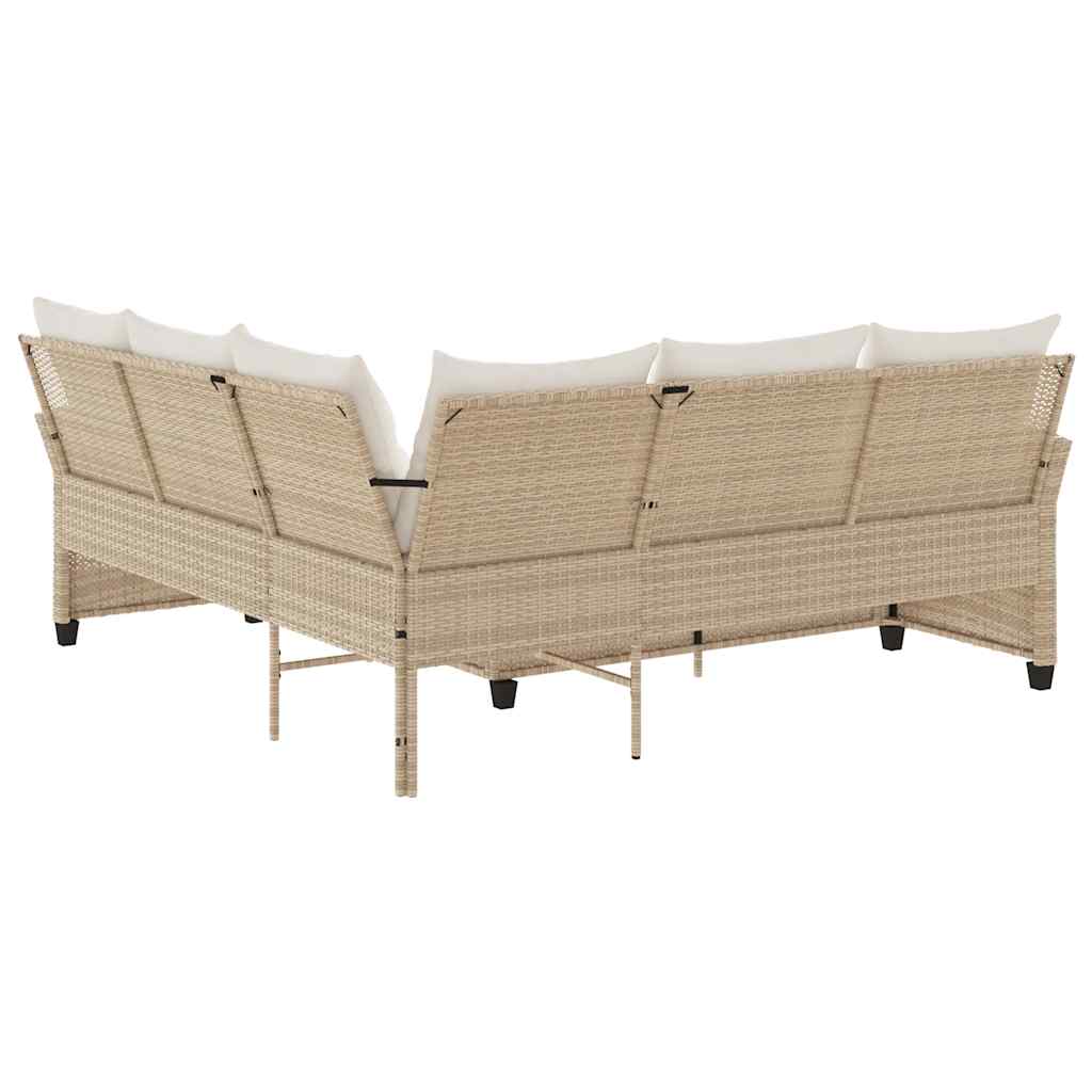 L-shaped Couch Sofa with Cushions Beige Poly Rattan