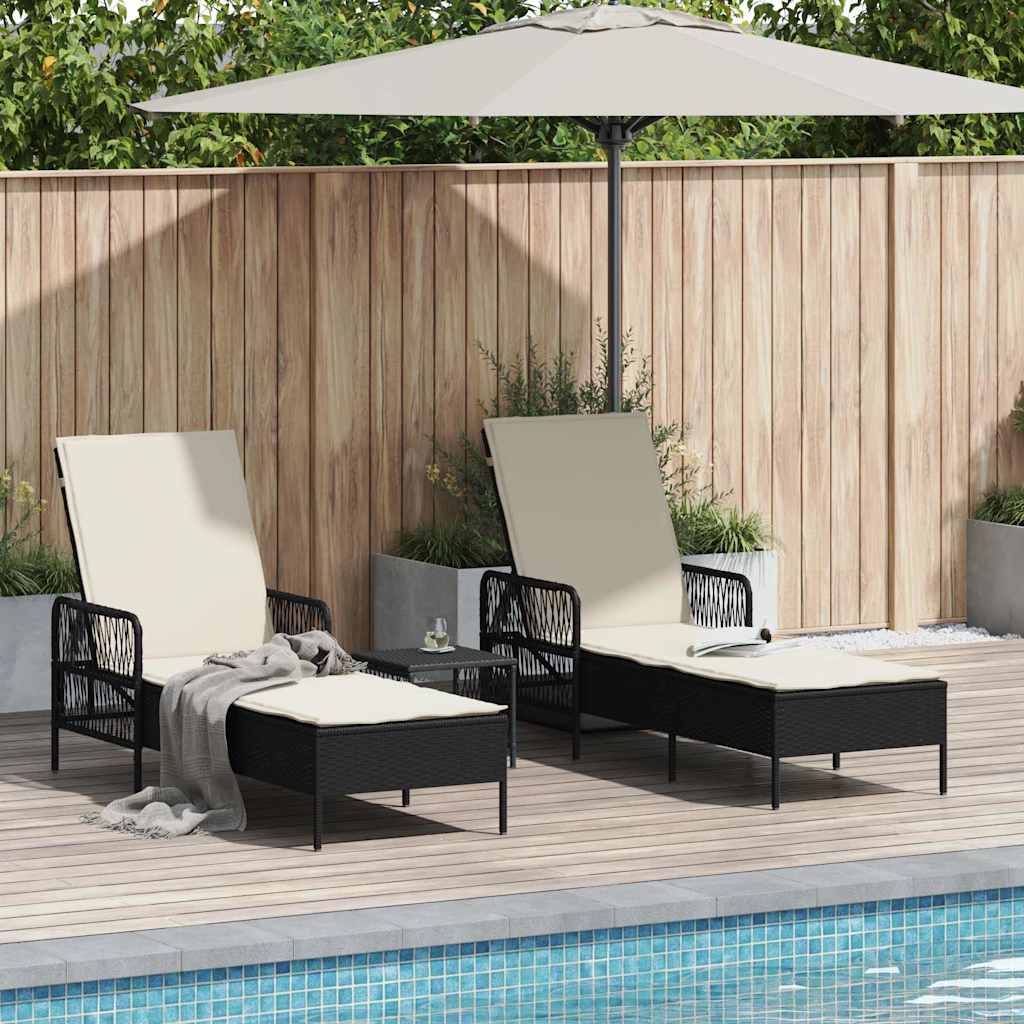 Sun Lounger Reclining 3 pcs Black and Cream White Poly Rattan