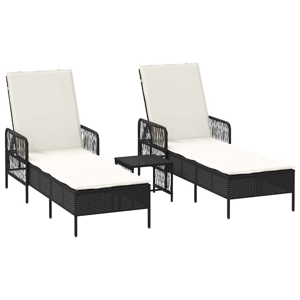 Sun Lounger Reclining 3 pcs Black and Cream White Poly Rattan
