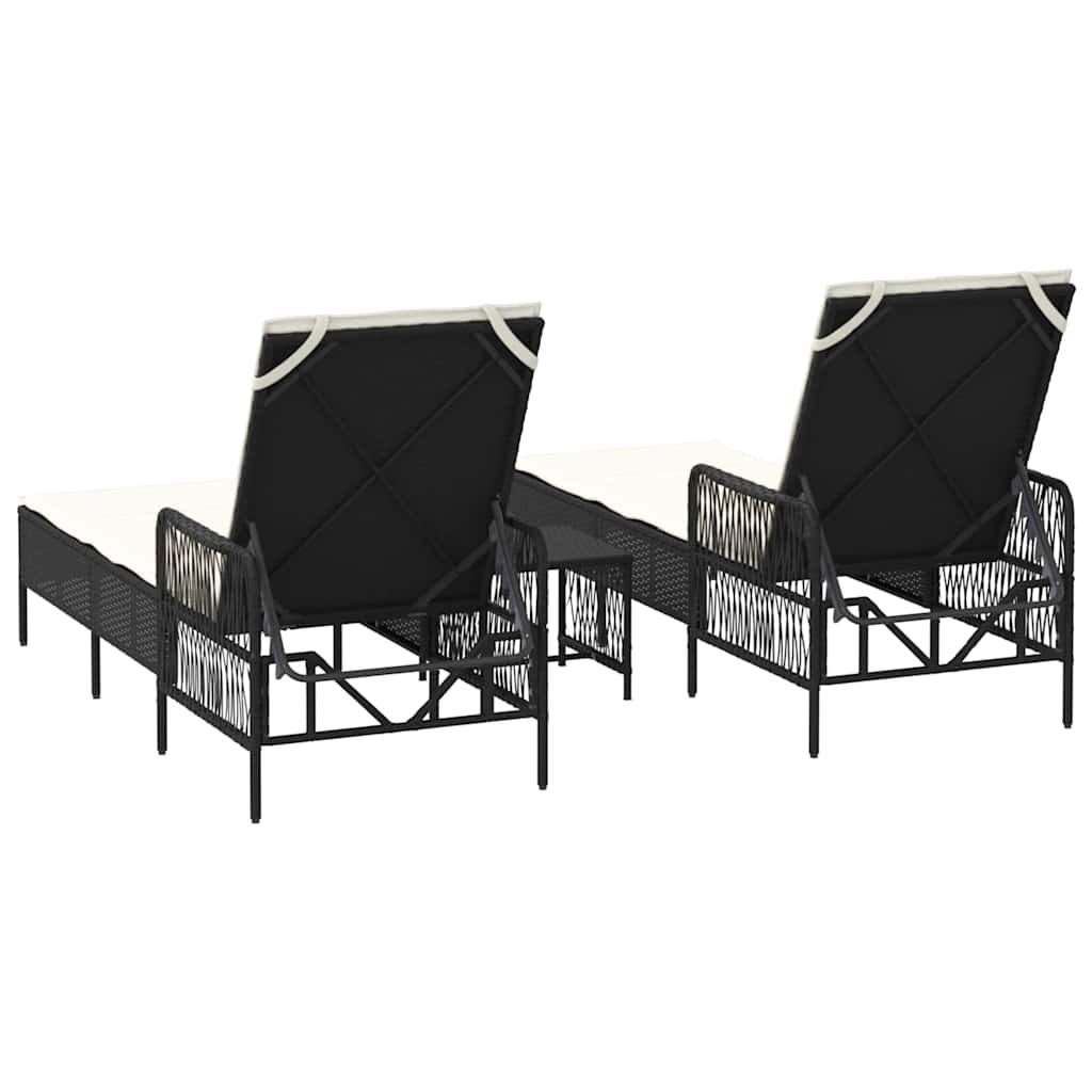 Sun Lounger Reclining 3 pcs Black and Cream White Poly Rattan
