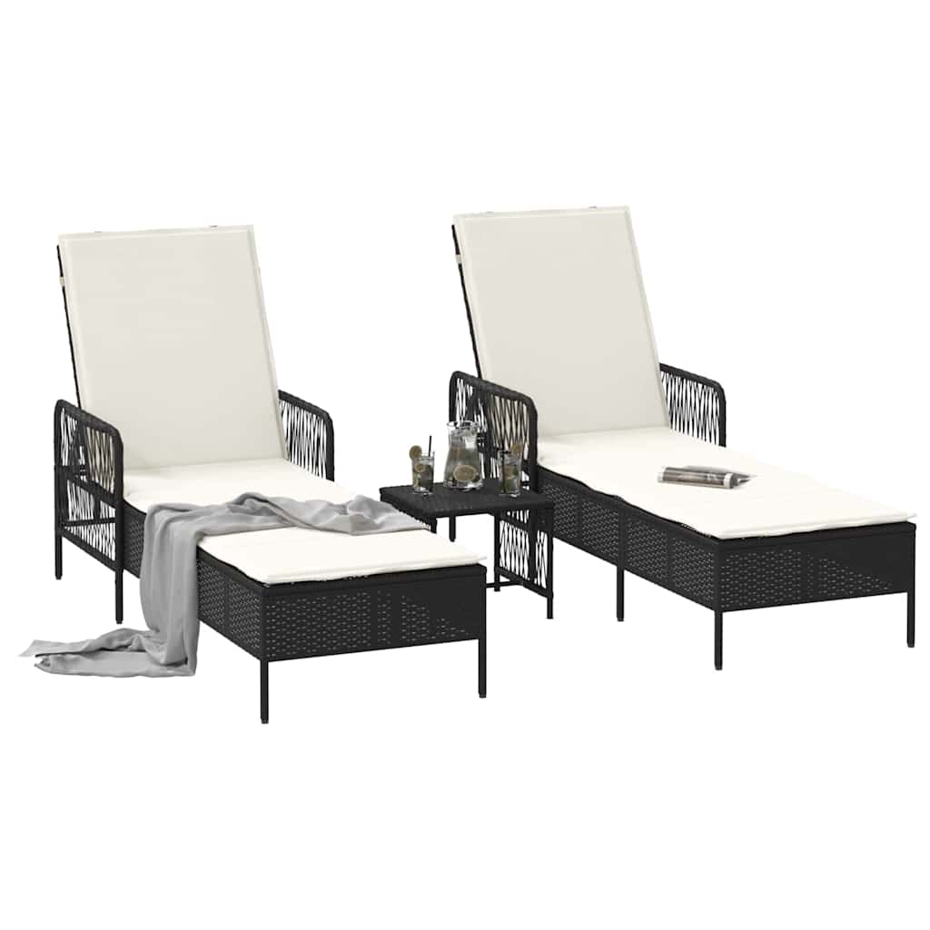 Sun Lounger Reclining 3 pcs Black and Cream White Poly Rattan