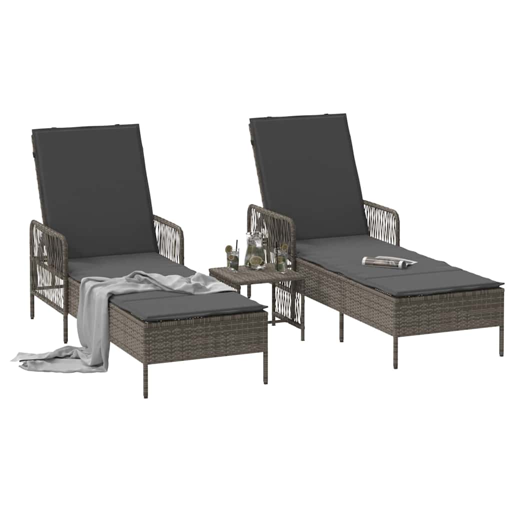Sun Lounger Reclining 3 pcs Grey and Dark Grey Poly Rattan
