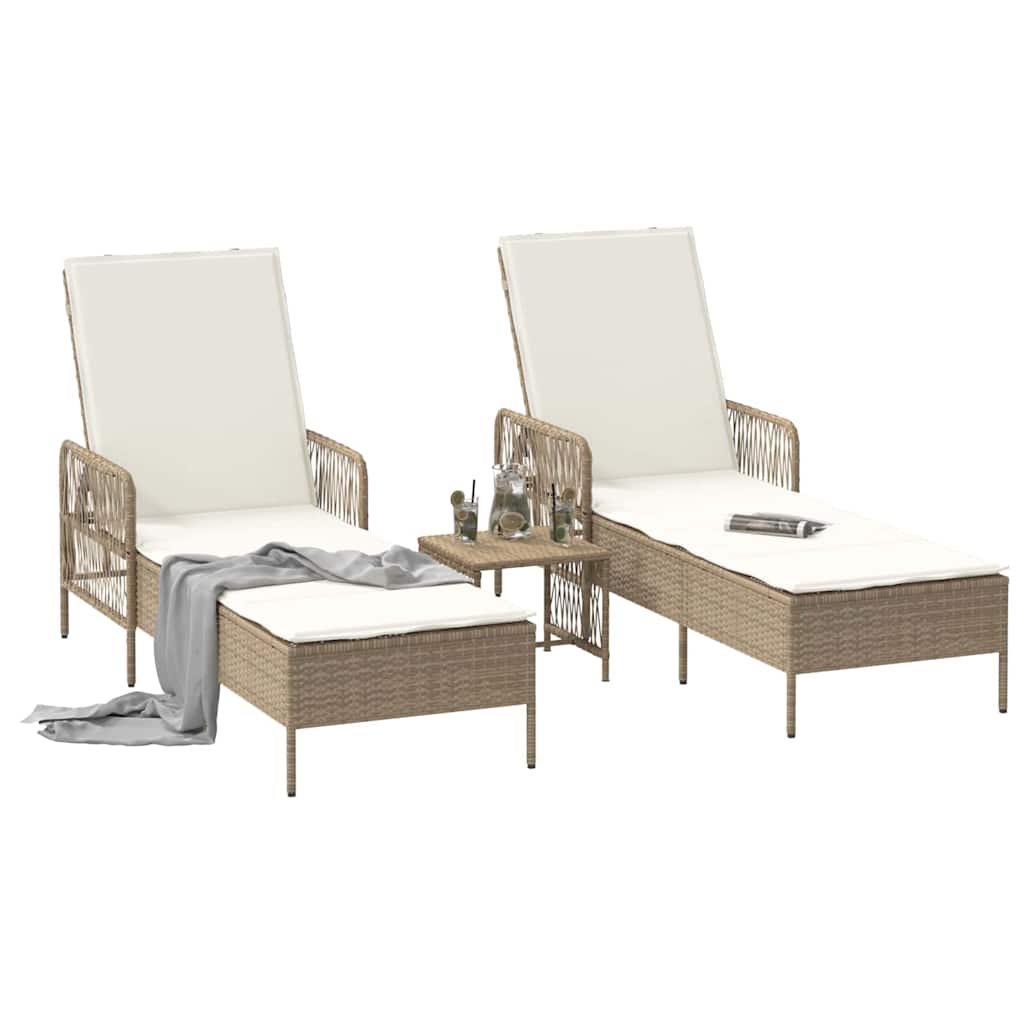 Sun Lounger 3 pcs Poly Rattan Beige and Cream White