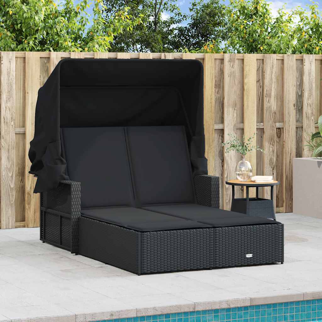 Double Sun Lounger with Canopy and Cushions Black Poly Rattan