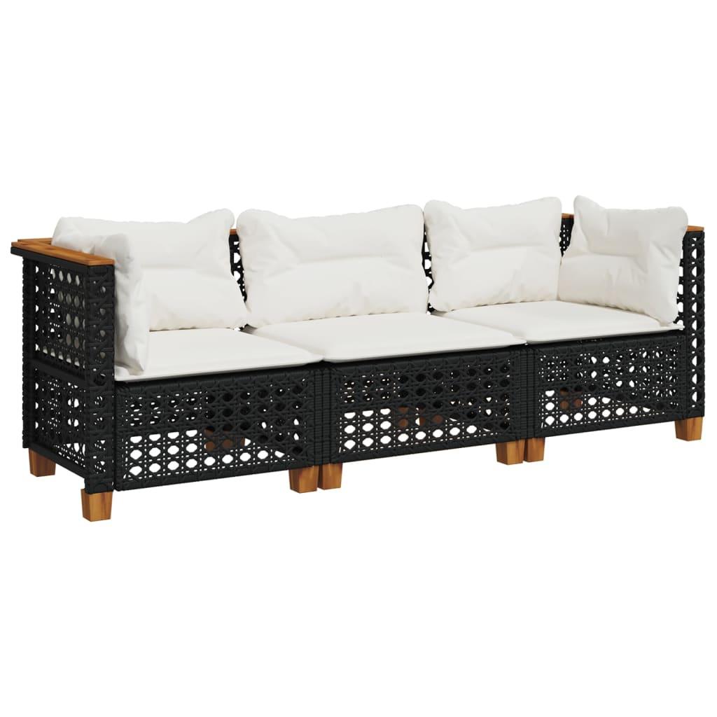 Garden Sofa with Cushions 3-Seater Black Poly Rattan