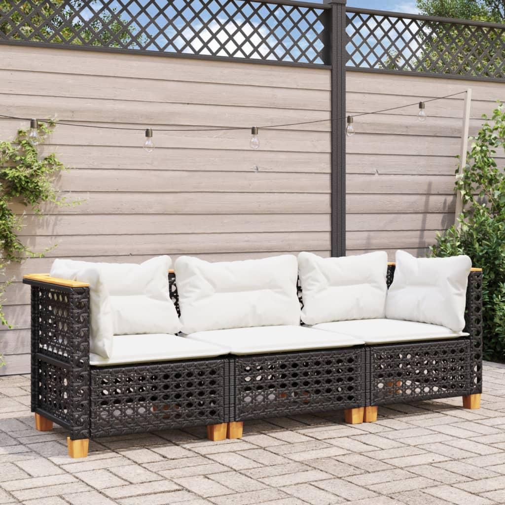 Garden Sofa with Cushions 3-Seater Black Poly Rattan