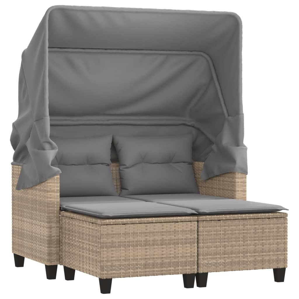 Garden Sofa 2-Seater with Canopy and Stools Beige Poly Rattan