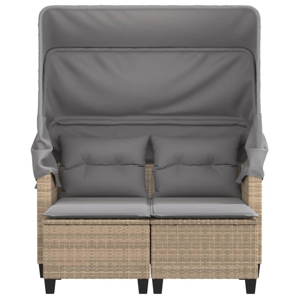 Garden Sofa 2-Seater with Canopy and Stools Beige Poly Rattan
