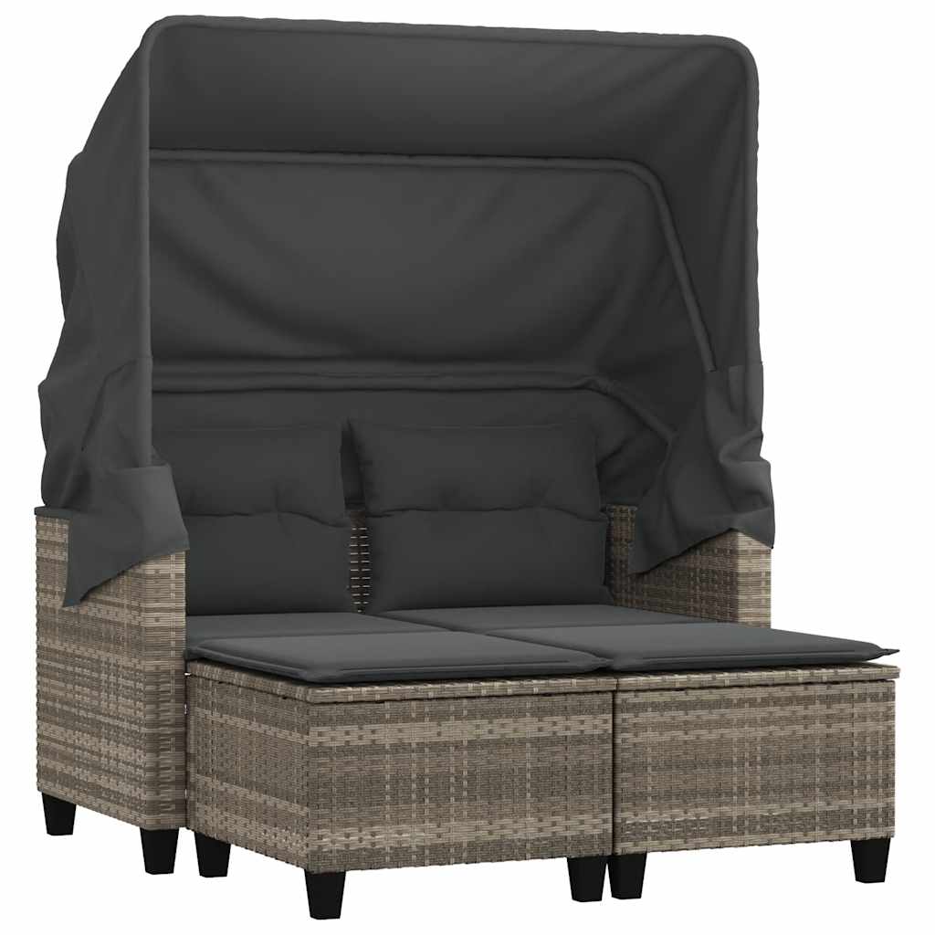 Garden Sofa 2-Seater with Canopy&Stools Light Grey Poly Rattan