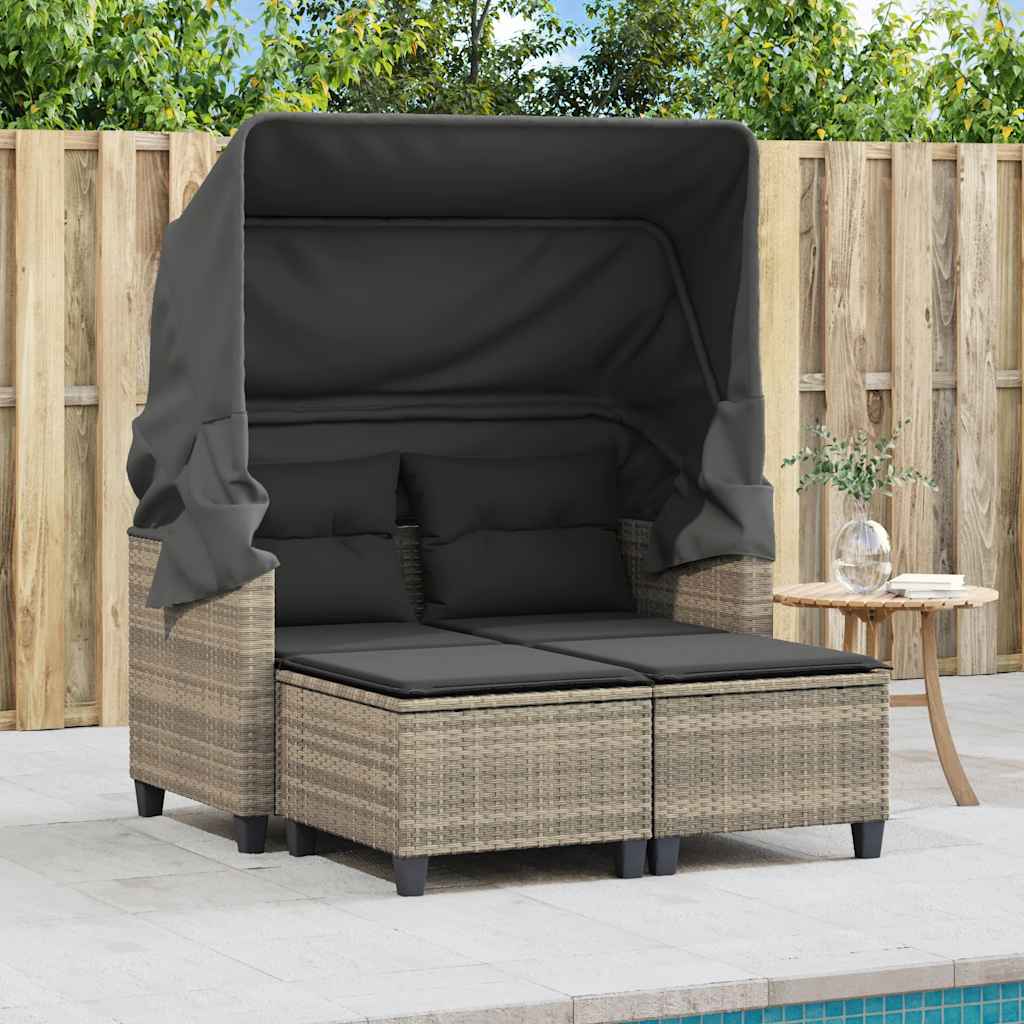 Garden Sofa 2-Seater with Canopy&Stools Light Grey Poly Rattan