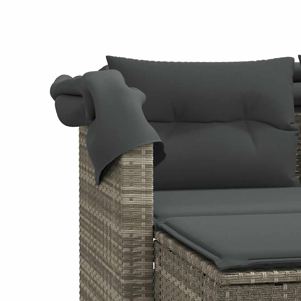 Garden Sofa 2-Seater with Canopy&Stools Light Grey Poly Rattan