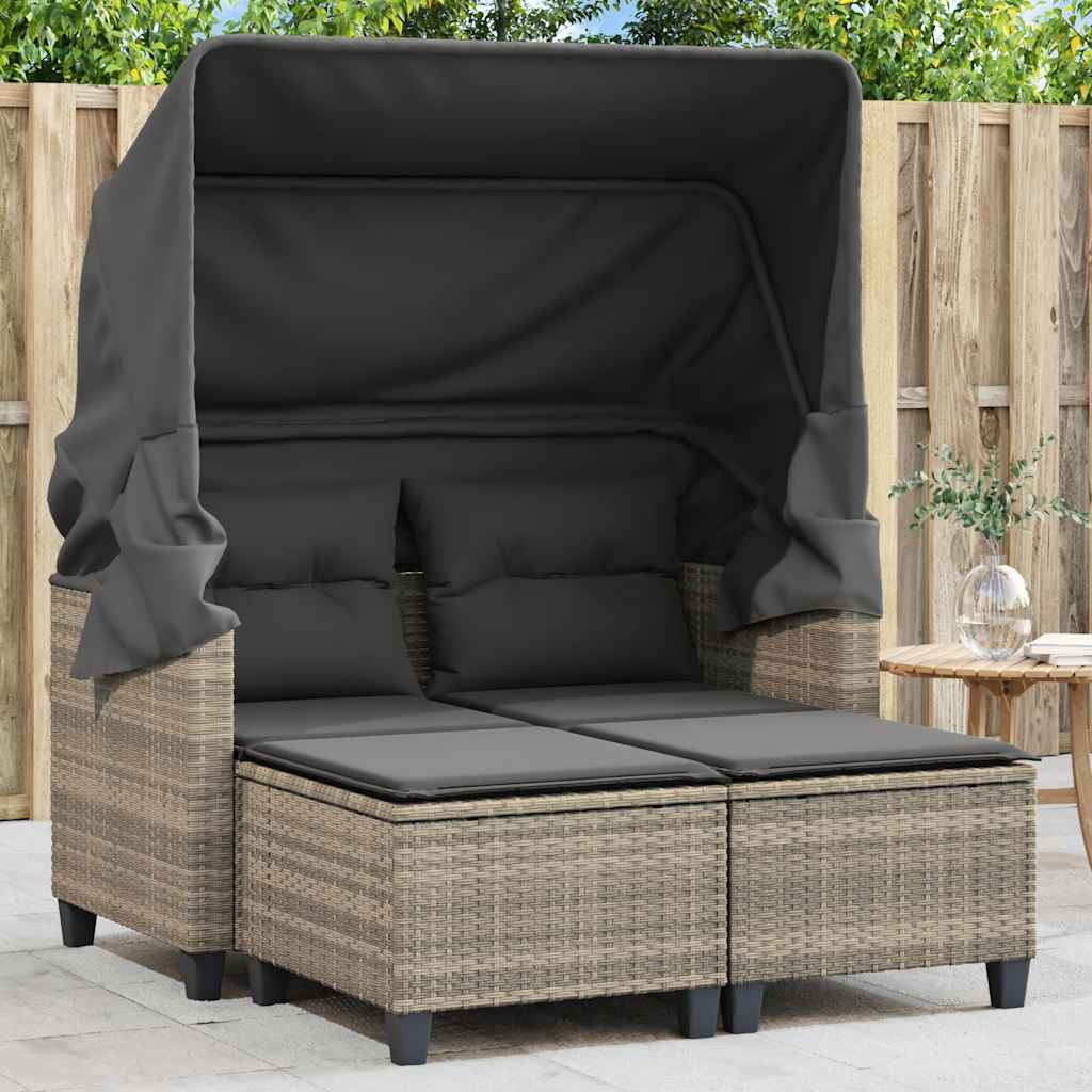 Garden Sofa 2-Seater with Canopy&amp;Stools Light Grey Poly Rattan