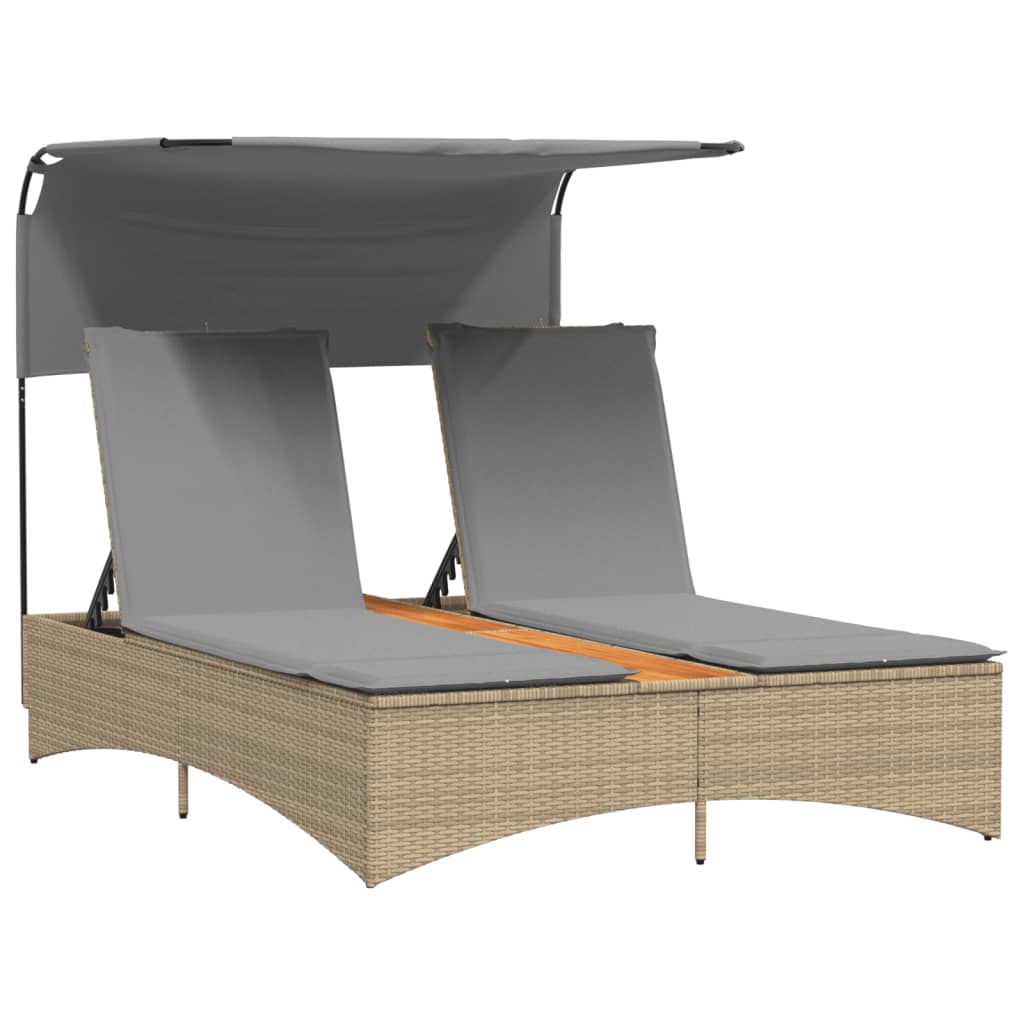 Double Sun Lounger with Canopy and Cushions Mix Beige Poly Rattan