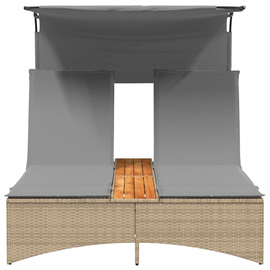Double Sun Lounger with Canopy and Cushions Mix Beige Poly Rattan