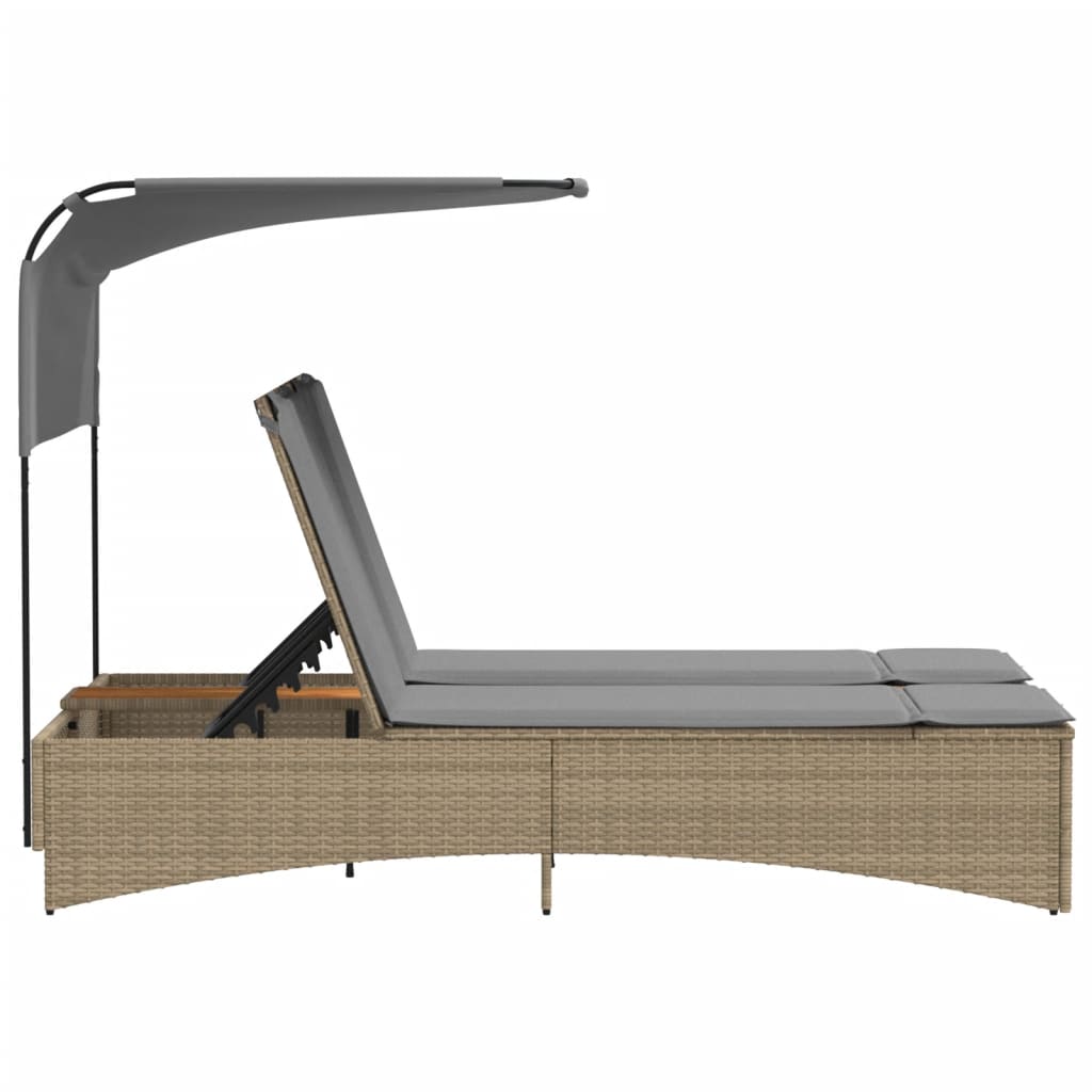 Double Sun Lounger with Canopy and Cushions Mix Beige Poly Rattan