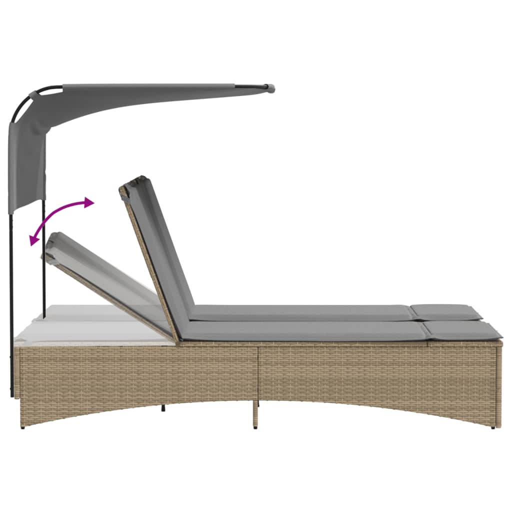 Double Sun Lounger with Canopy and Cushions Mix Beige Poly Rattan