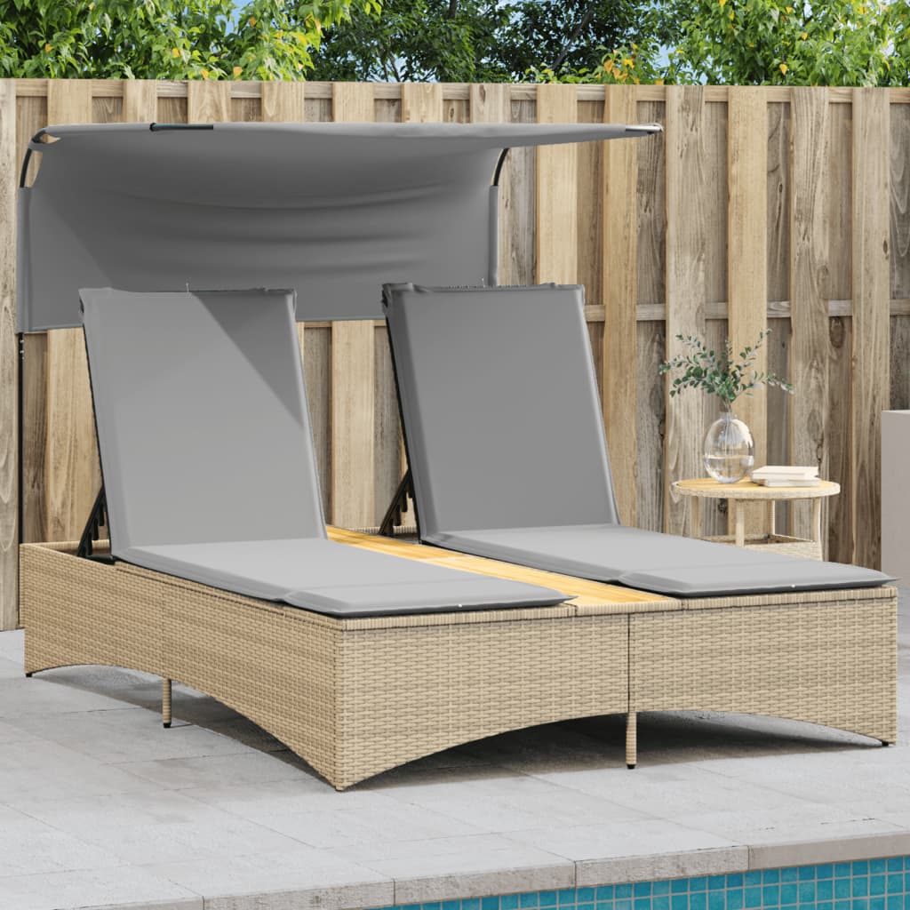 Double Sun Lounger with Canopy and Cushions Mix Beige Poly Rattan