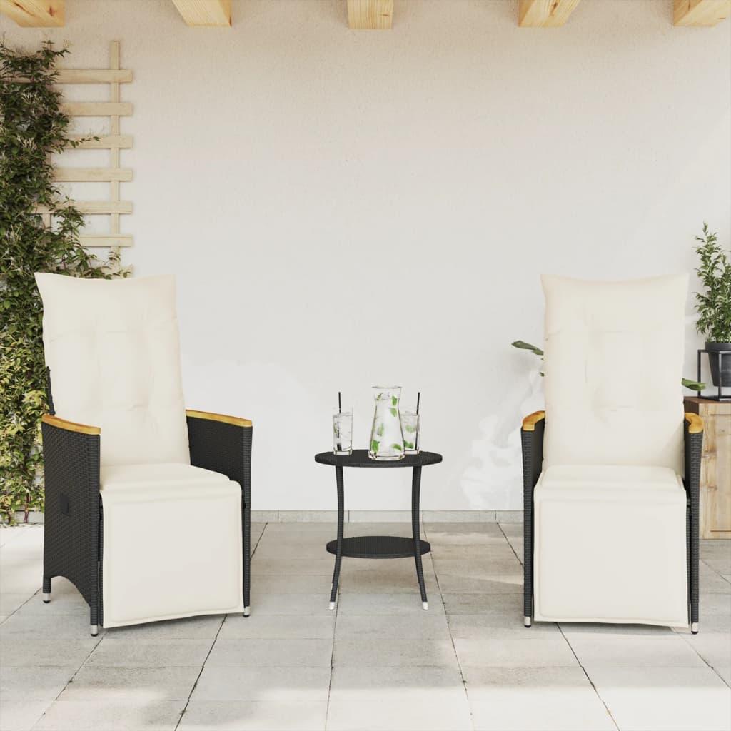 3 Piece Bistro Set with Cushions Black Poly Rattan